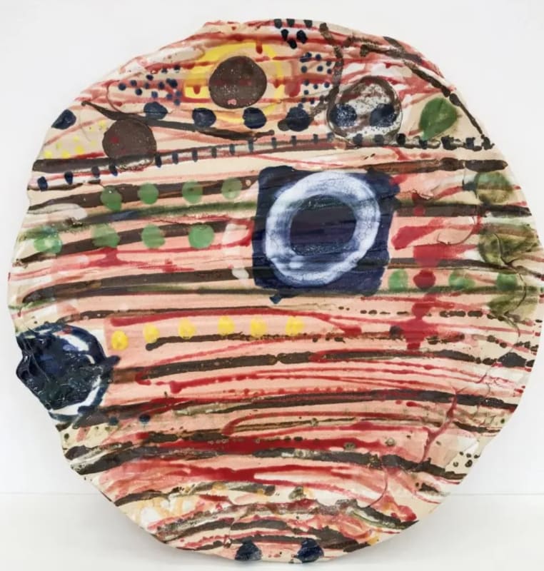 Sandy Brown ZZAKKAMAKKA Large chunky platter, grogged stoneware clay with coloured glazes Dia59 cm
