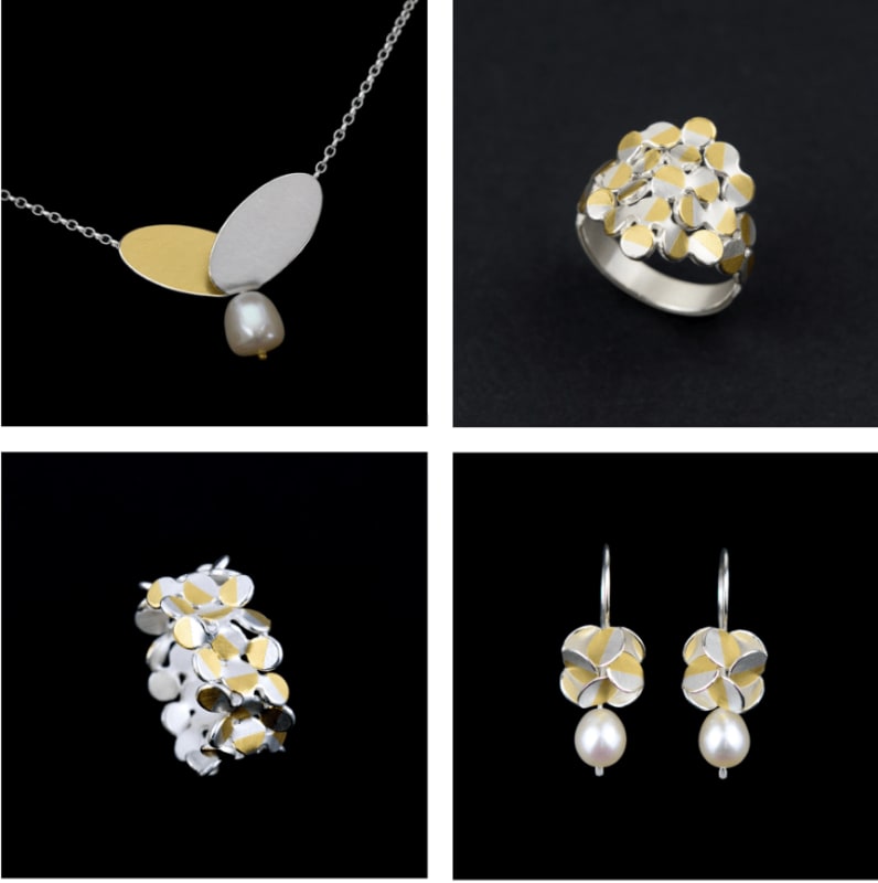 Misun Won, Wing Pendant with Pearl - Silver, Keumboo (24ct Gold), Freshwater Pearl, Rhombus 25 Circle Ring - Silver, Keumboo (24ct Gold), Parallelogram Ring, Windmill Drop Earrings with Pearl, 2022.