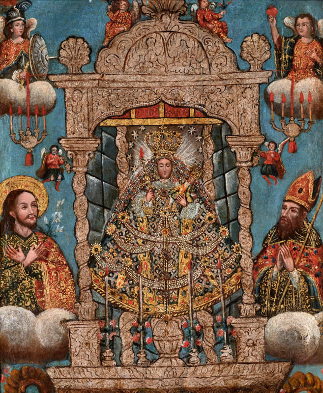 OUR LADY OF COPACABANA Unidentified artist, Titicaca (Viceroyalty Of Peru), First half of the 18th century Oil on canvas stuck to wooden panel. 36.5 x 30cm.