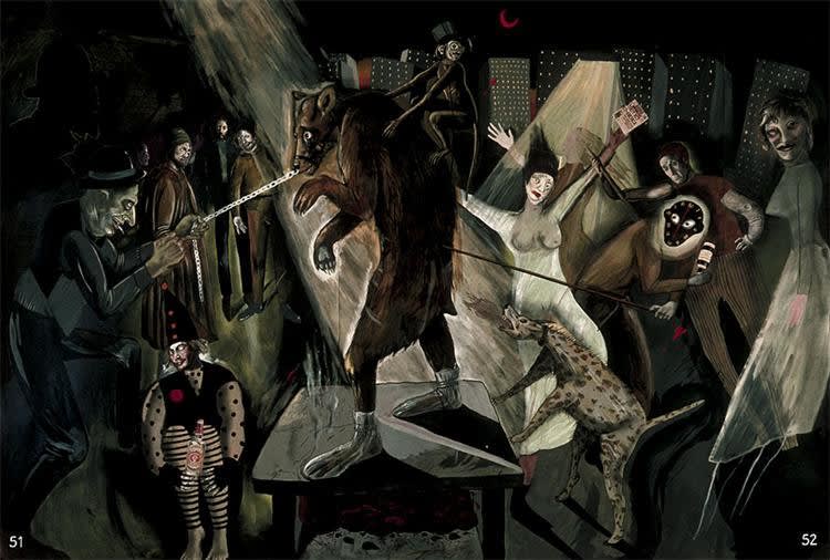 Painting by Sue Coe of a chained bear being forced to dance for an audience: The Dancing Bear, 1984. Mixed media. 52 5/8 x 59 3/8 in (133.7 x 150.8 cm).