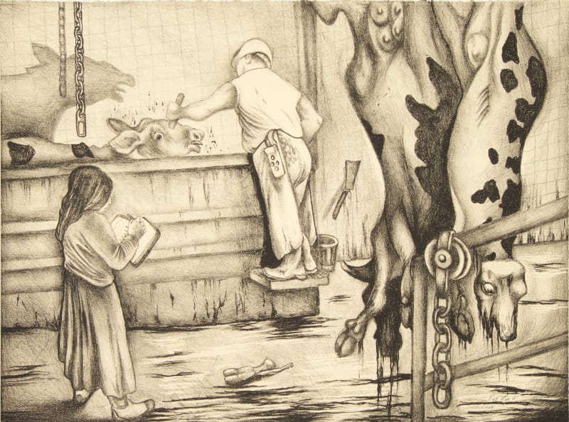 Lithography by Sue Coe showing the artist drawing in the slaughterhouse
