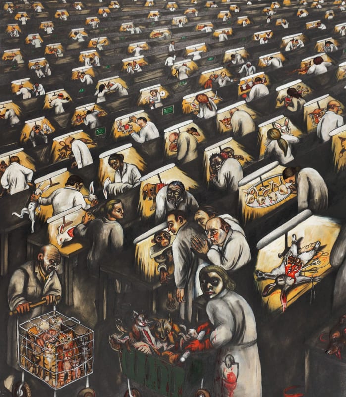 Painting by Sue Coe showing scientists vivisecting animals