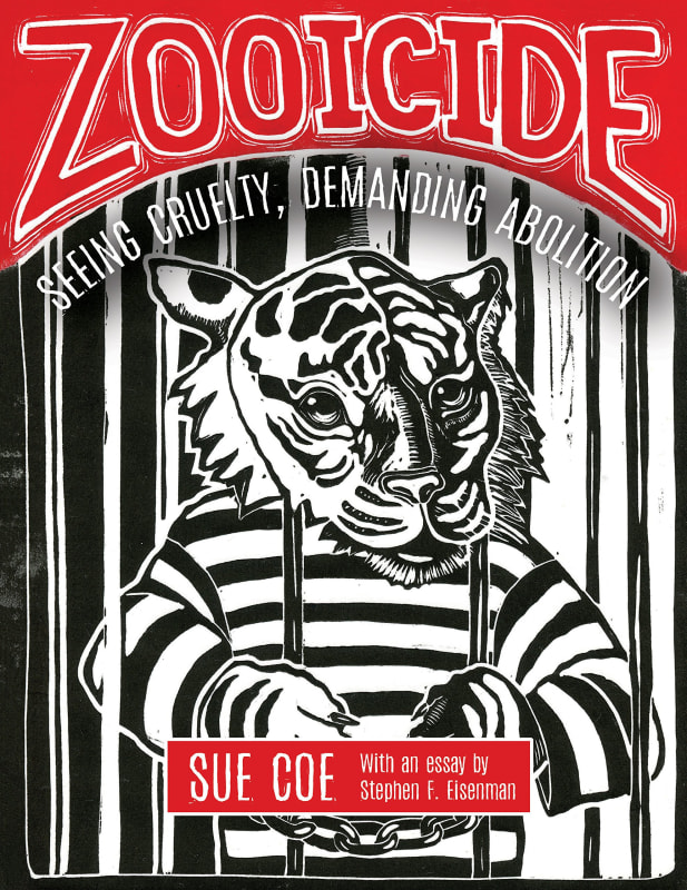 Cover of book shows a cartoon lion behind prison bars, wearing a striped prisoner uniform. The title of the book, Zooicide, is in white letters on a red border at top. The lion and prison are black and white. The artist's name is at lower center, in red.