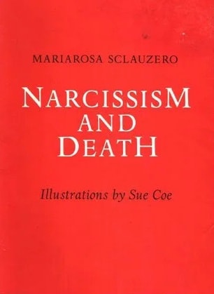 Cover of the book Narcissism and Death, red background with white and black lettering