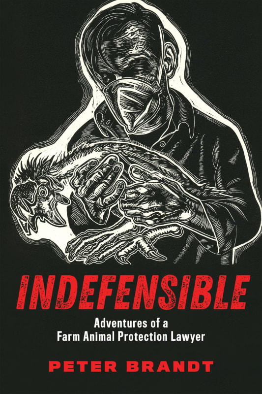 Cover of Peter Brandt's book Indefensible, featuring the Sue Coe linocut "Depopulation," which shows a man (Peter) wearing a covid mask, holding up a dead chicken
