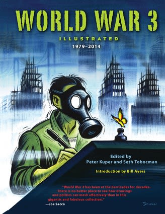 Cover for World War 3 Illustrated, 1979-2014, featuring an artist at work, wearing a gas mask