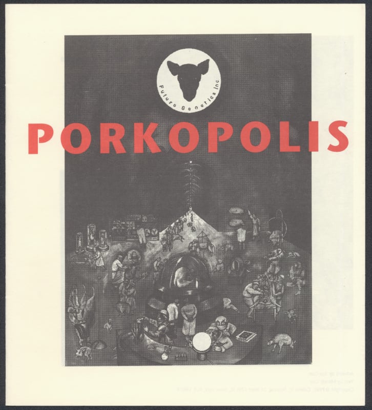 Exhibition pamphlet for the exhibition of the same name. Artwork by Sue Coe; text by Mandy Coe. Galerie St. Etienne, 1989. Cover art features the Sue Coe drawing "Future Genetics Company."