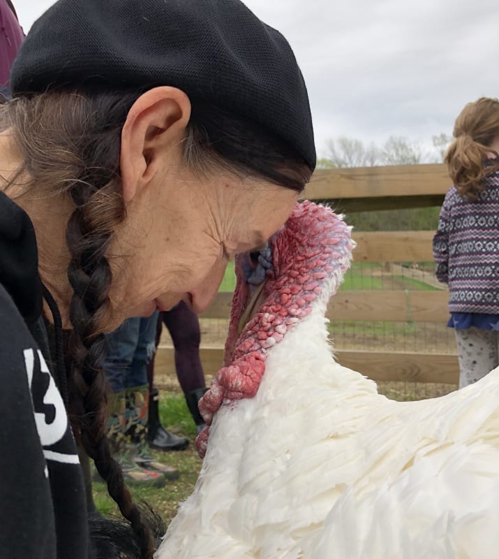Photograph of the artist pressing her head against a turkey's head while visiting the sanctuary