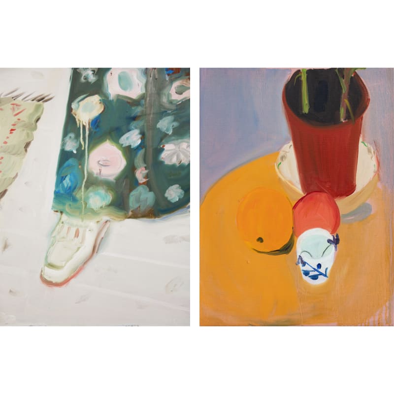 Images: Anna Bjerger, Step, 2023. Oil on aluminum, 40x30 cm. Chantal Joffe, Still Life with Violets, 2023. Oil on canvas, 61x46 cm © Chantal Joffe. Courtesy of the artist and Victoria Miro