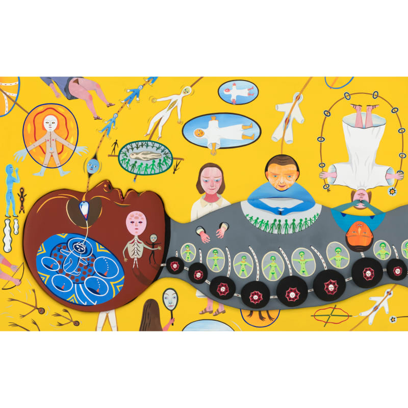 Lisa Jonasson, ”What Could Go Wrong”, 2024, Assemblage: cut painted paper on wood and panel, 29x47x2,5 cm