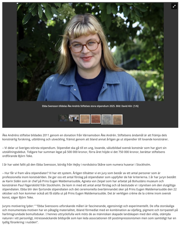 Interview in värnamo.nu, Ebba Svensson, Åke Andrés Stiftelses stora stipendium
