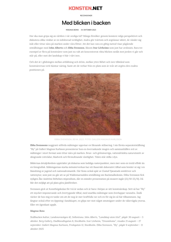 Review in Konsten.net, Ebba Svensson, Med blicken i backen / With Your Eyes to the Ground