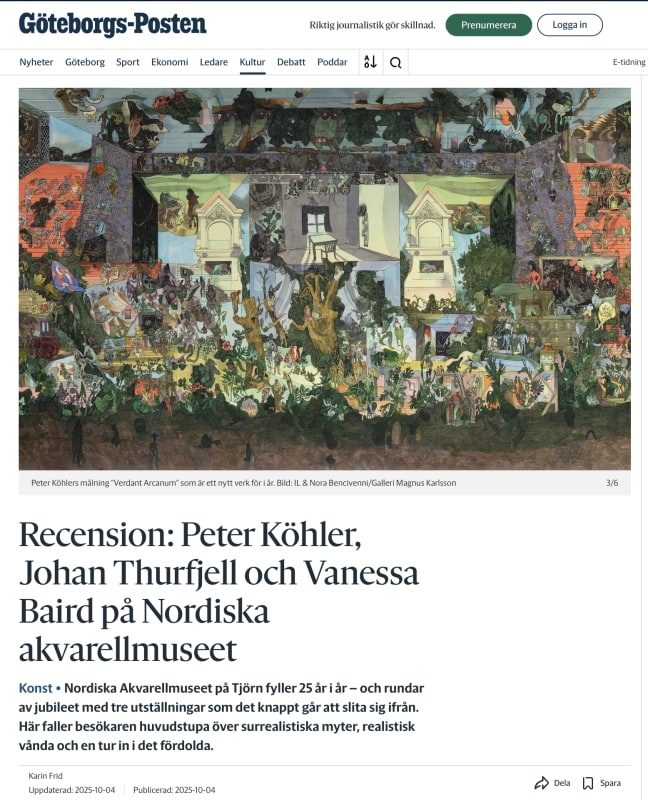 Review in Göteborgs-Posten, Peter Köhler, ”Recension: Peter Köhler, Johan Thurfjell och Vanessa Baird på Nordiska akvarellmuseet”