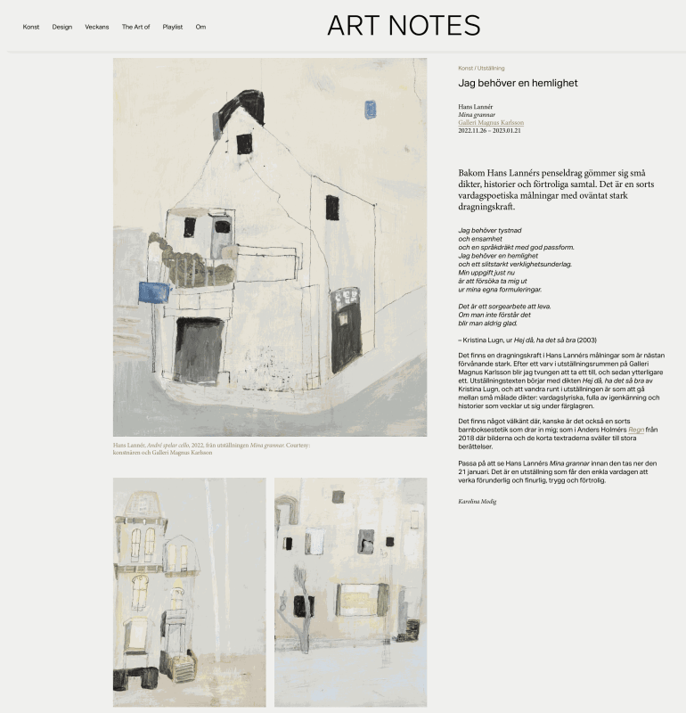 Review in Art Notes, Hans Lannér