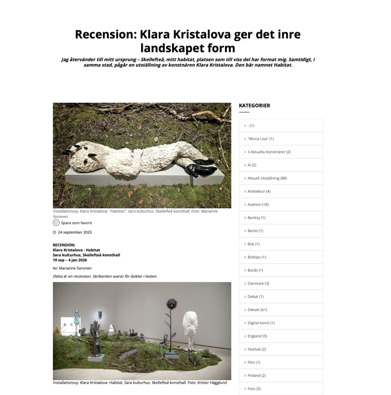 Review in Konstguiden, Klara Kristalova, ”Klara Kristalova ger det inre landskapet form”