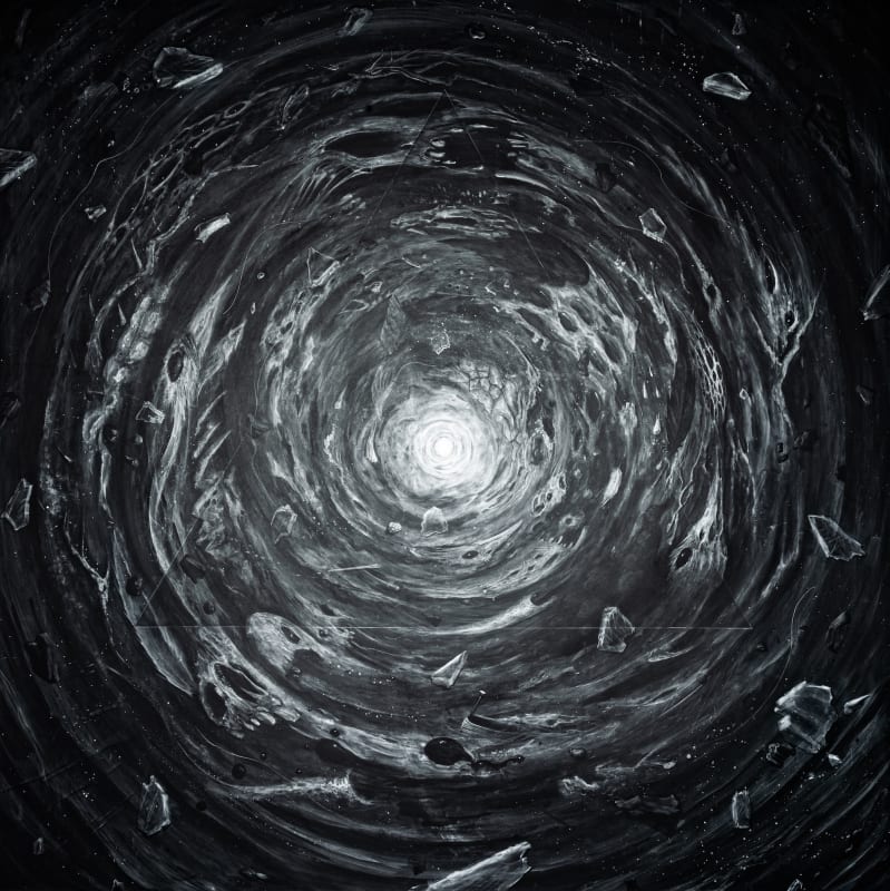 Black and White abstract surreal acrylic painting by Catharses inspired by a maelstrom of emotions.