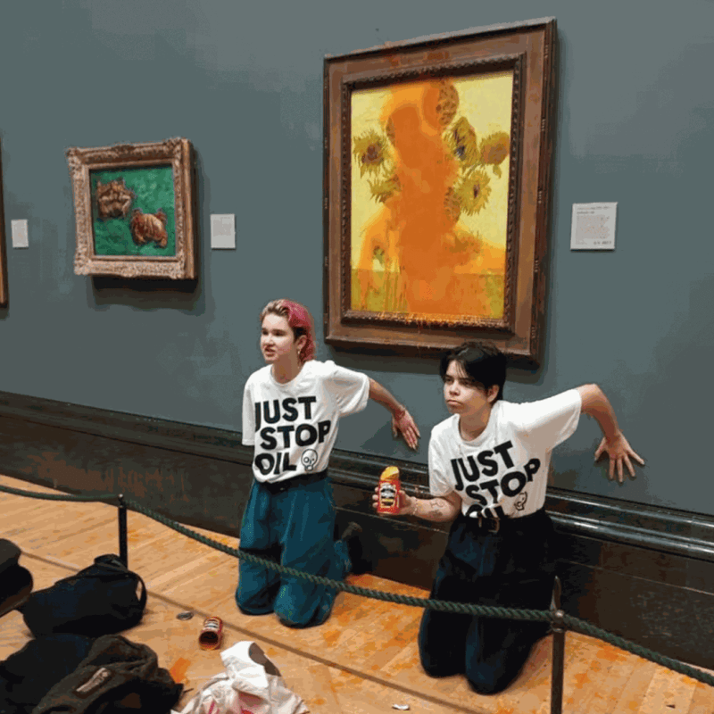 Just Stop Oil protesters glued themselves to the wall after throwing tinned soup at Vincent Van Gogh's famous 1888 work ‘Sunflowers’ at the National Gallery in London on October 14 (Just Stop Oil via AP)