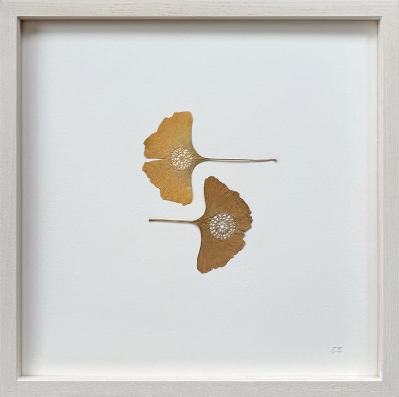 ginkgo leaves, cotton thread, 30 x 30 cm (framed)