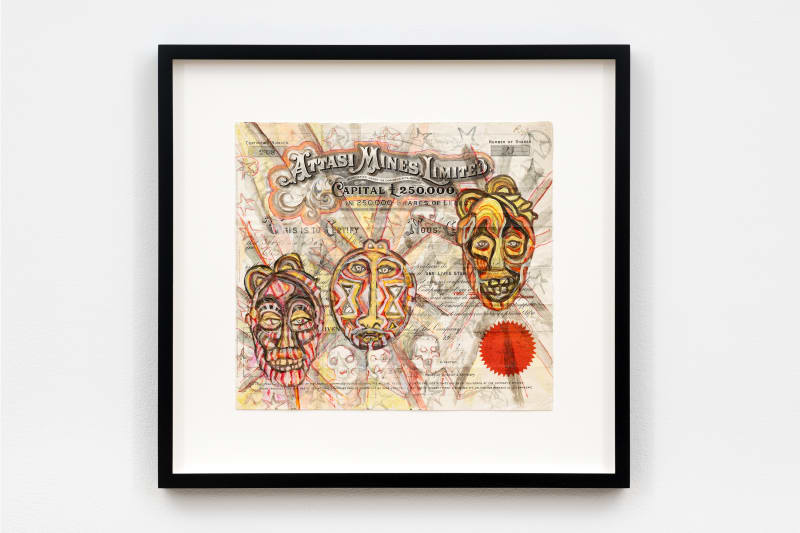 Attasi Mines Limited, 2009. Acrylic and felt pen on antique paper share certificate. Courtesy of Hales Gallery