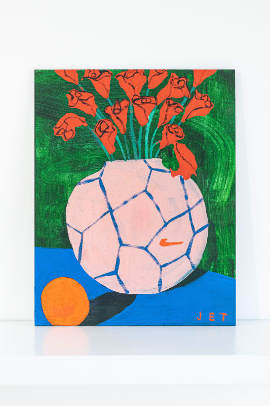Acrylic painting of a vase with flowers and an orange by Jack Tierney