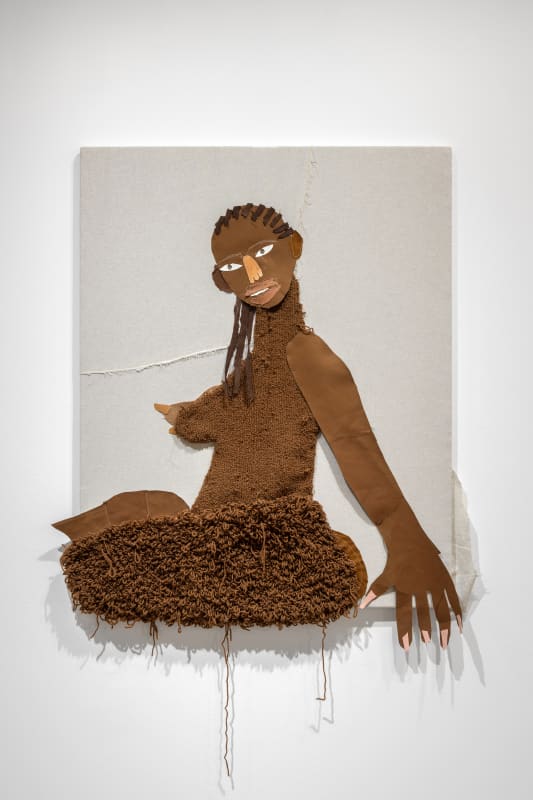 Edrych Ymlaen, 2025 Acrylic, wool, fabric, found fabric, leather and watercolour on Panama fabric