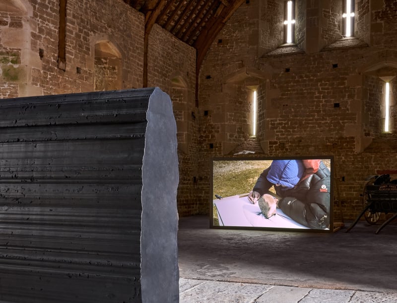 Bearing Witness to Things Unseen, 2022, and a still of the accompanying film, Abbey Barn, Somerset Rural Life Museum. Credit: Neil White