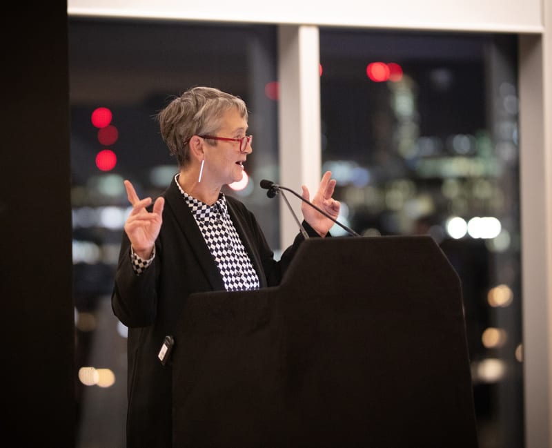 Frances Morris making a speech at Grenville Davey's memorial at Tate Modern