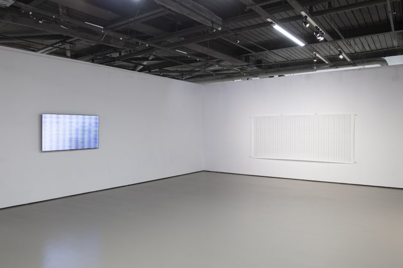 Installation view, Transfer: Korean and British Abstract Painting and the Digital Document (2023) at Korean Cultural Centre UK. Courtesy the...