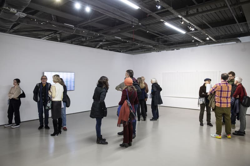 Installation view, Transfer: Korean and British Abstract Painting and the Digital Document (2023) at Korean Cultural Centre UK. Courtesy the...