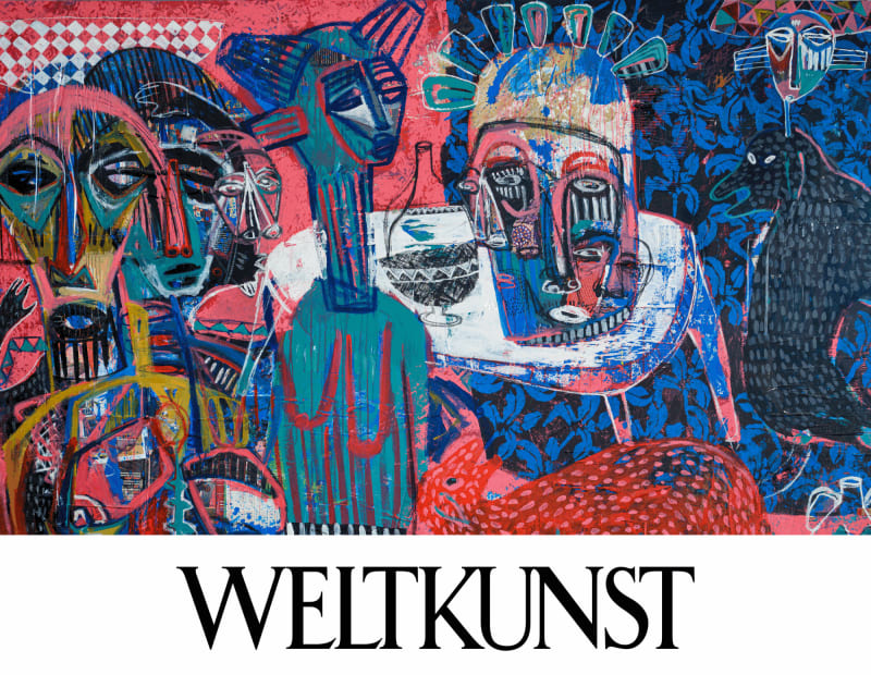 'Ackah's multi-layered painting is a journey through continents and time', With his mask motifs, he spans an arc from his...