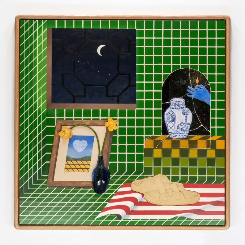 Home, looking North, 2018-2022, glazed ceramic and acrylic on panel in wood frame, 48 x 48 x 3.5 in. (121.9 x 121.9 x 8.9 cm)