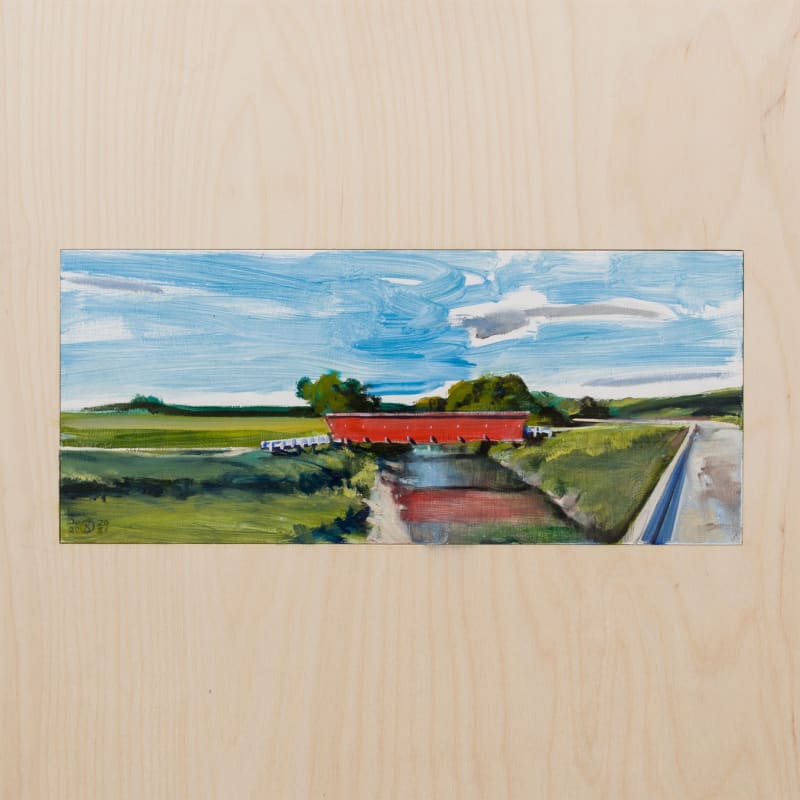 New Bridge at the Hogback Bridge, Winterset, Iowa, 2021, oil on copper inset on birch panel, 6.5 x 14.5 in. (16.5 x 36.8 cm)