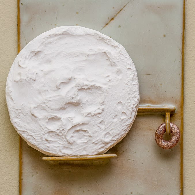 Detail, Tablet in which the moon takes over, as it often does, 2019, glazed stoneware, cast plaster, Peachie-O, and nail polish, 11 x 8.5 x 2 in. (27.9 x 21.6 x 5.1 cm)
