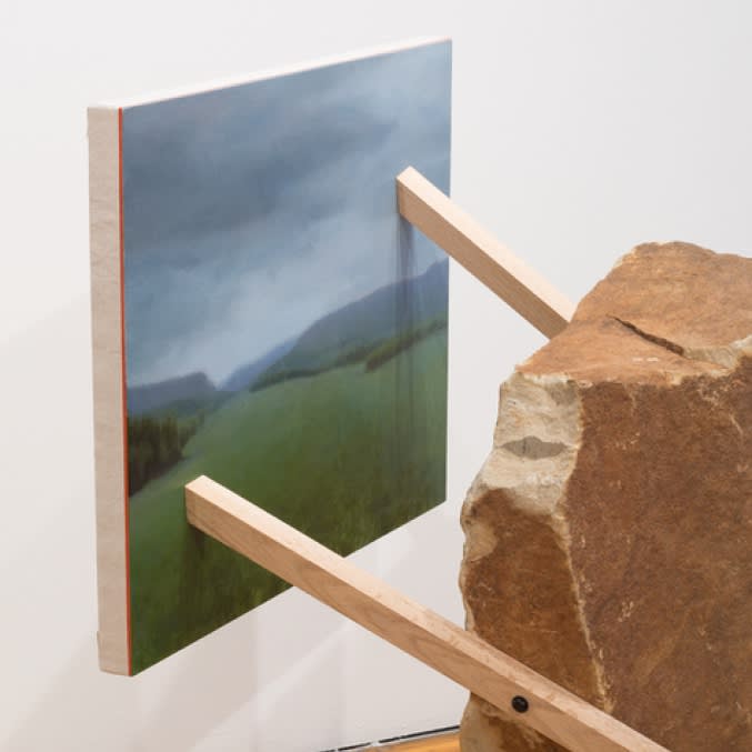 Detail, Landscape Painting 3 (Rock), 2018, oil on linen with wood and rock, 29 x 42 x 32 in. (73.7 x 106.7 x 81.3 cm)