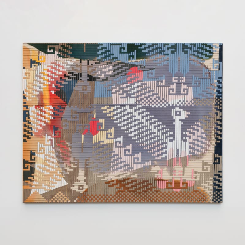Miguel Arzabe, Los cóndores al revés, 2024, woven acrylic on canvas and linen, 48 x 60 in. (121.9 x 152.4 cm)