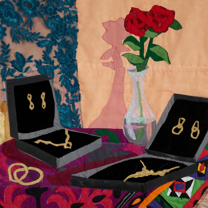 Hangama Amiri Detail, Still-Life with Jewelry Boxes and Red Roses, 2022