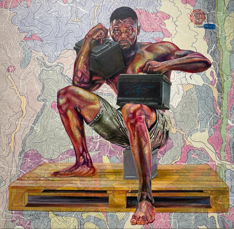 PAINTING BY CAMEROONIAN JEAN DAVID NKOT presenting a man holding car batteries