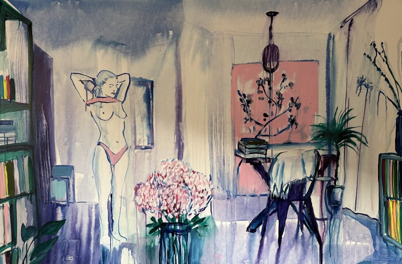 Omar Mahfoudi, Dans la maison. Liquid acrylic on canvas showing the artist's living room. AFIKARIS Gallery. Contemporary African Art Paris.