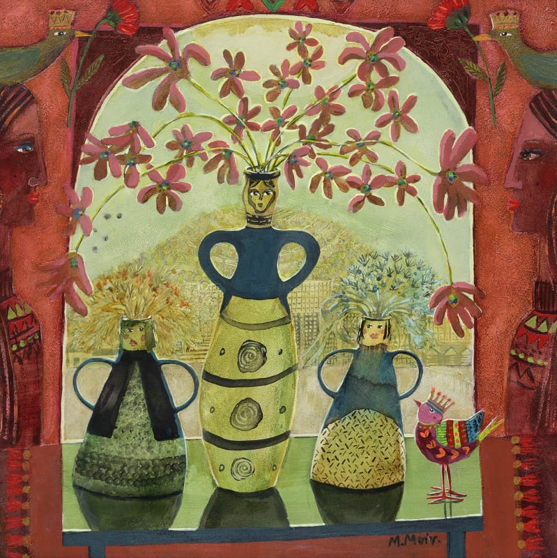 Morag Muir PAI RSW, Fiery Flowers, Acrylic on board, 18 x 18 inches