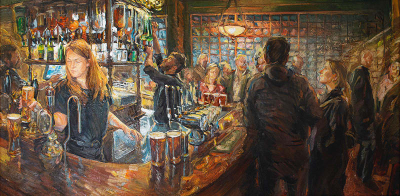 Lewis Hazelwood-Horner RBA, Fitzrovia Pub. Oil, 25 x 43 "