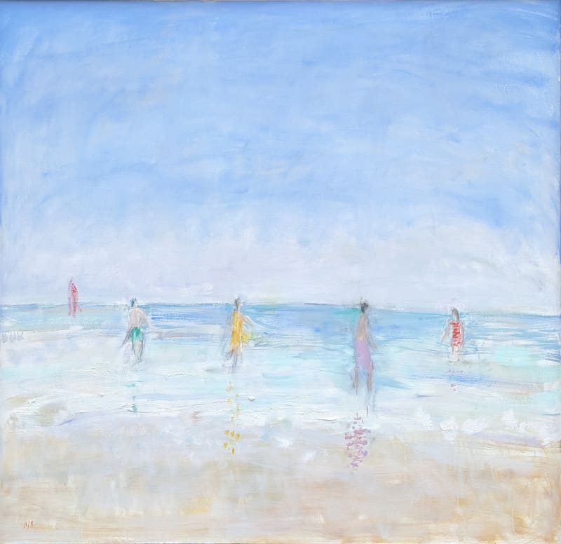 Ann Shrager NEAC Figures on the Beach Oil on canvas 48 x 48 "