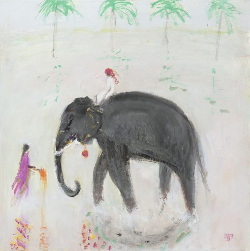 Ann Shrager NEAC Elephant and Lady in Pink Oil on canvas 20 x 20 "