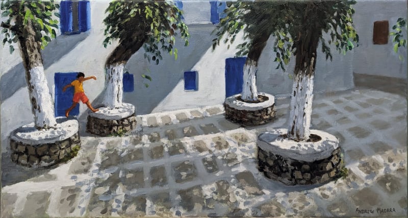 Andrew Macara RBA NEAC Four Trees, Mykanos Town, Greece Oil on linen canvas 16 x 30 "