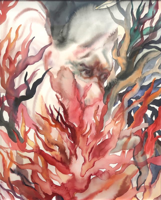 Makiko Furuichi, Feu, 2021, aquarelle sur papier, cadre blanc, 50 x 40 cm