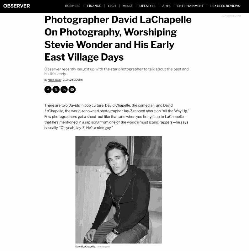 Photographer David LaChapelle On Photography, Worshiping Stevie Wonder and His Early East Village Days, Observer recently caught up with the...