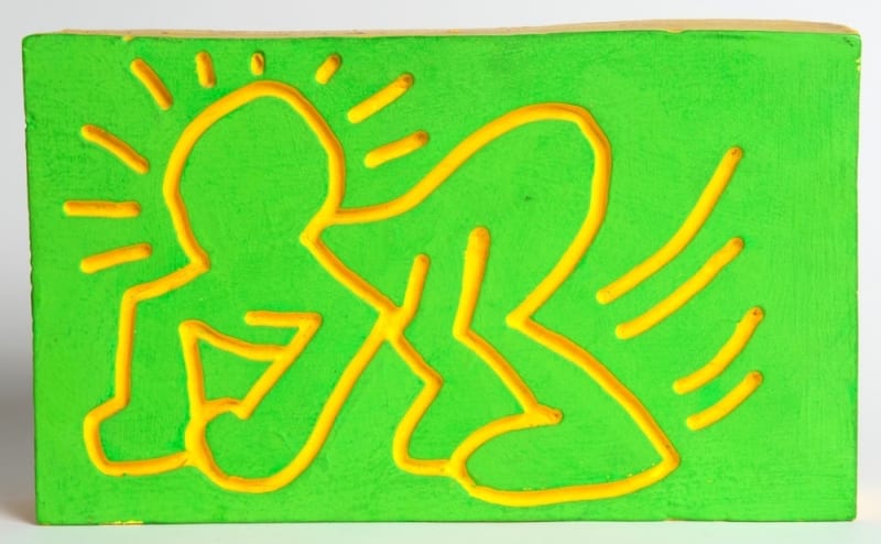Crawling Radiant Baby Wood Carving, 1983 Unique wood carving with vivid green and yellow dayglo paint. Signed “For Dan -...
