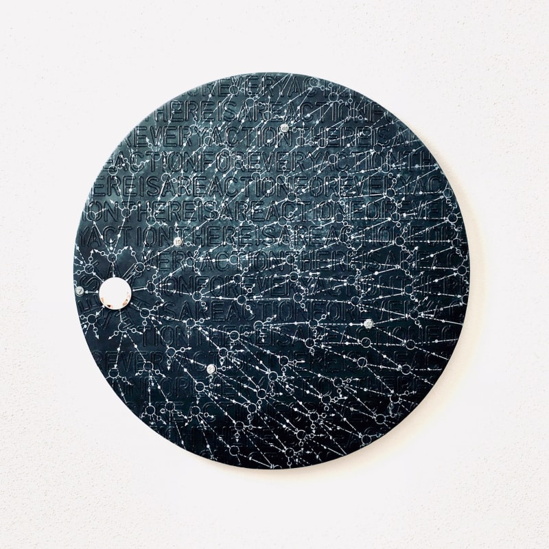 FOR EVERY ACTION THERE IS A REACTION (start here) 24" Diameter, encaustic, mirror, metal tacks, on panel