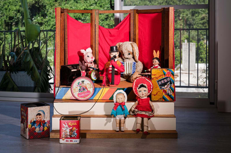 Rabbit Band Toy Set|2025|95 x 92 x 82 cm|Acrylic paint on wood panel, antique toys fabric and metal boxes, light clay