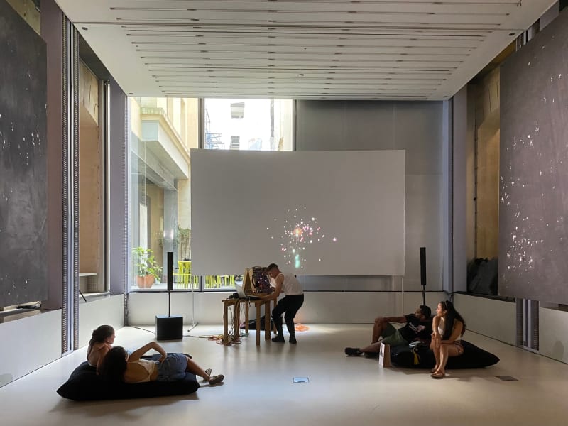 Juliette Blightman with Anthony Silvester (Technology & Teamwork), films by Wayne Binitie, Cerith Wyn Evans, Penny Goring, Justyna Kabala and Sophie Michael Feux d'artifice/Burnout Lafayette Anticipations, Paris September 1 – 3, 2023. Curated by Elsa Coustou