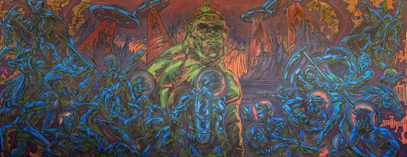 Marcus Hipa, Alexandieus (detail), 2025. Oil paint and wax pencil on loose canvas, 1600x4000mm .